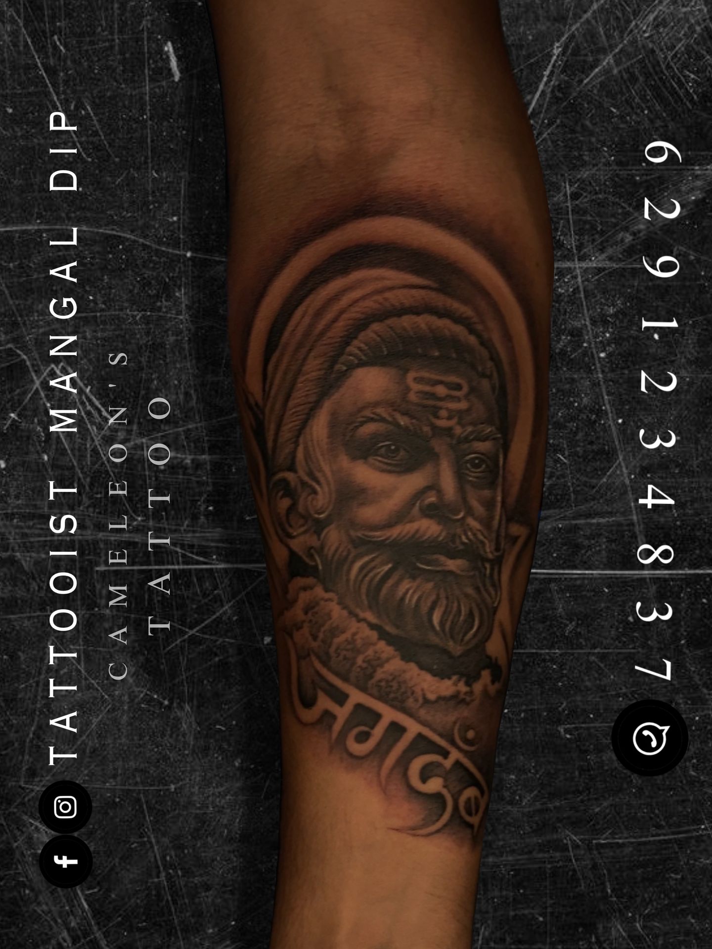 Chhatrapati Shivaji Maharaj tattoo symbolizes bravery, leadership, and Maratha pride, often featuring a detailed portrait, the Rajmudra (royal seal), or the Chandrakor (crescent moon). Common designs include black-and-grey realism, warrior poses with swords, and fort imagery, representing a tribute to courage, righteousness, and cultural heritage.